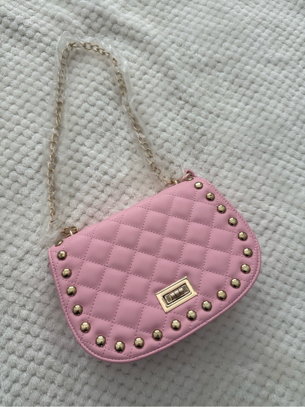 Quilted Pink Crossbody Bag with Gold Stud Accents